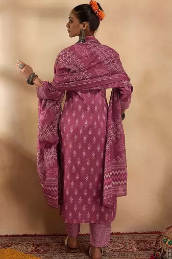 Ethnic Motifs Printed Pure Cotton Straight Kurta with Trousers & Dupatta