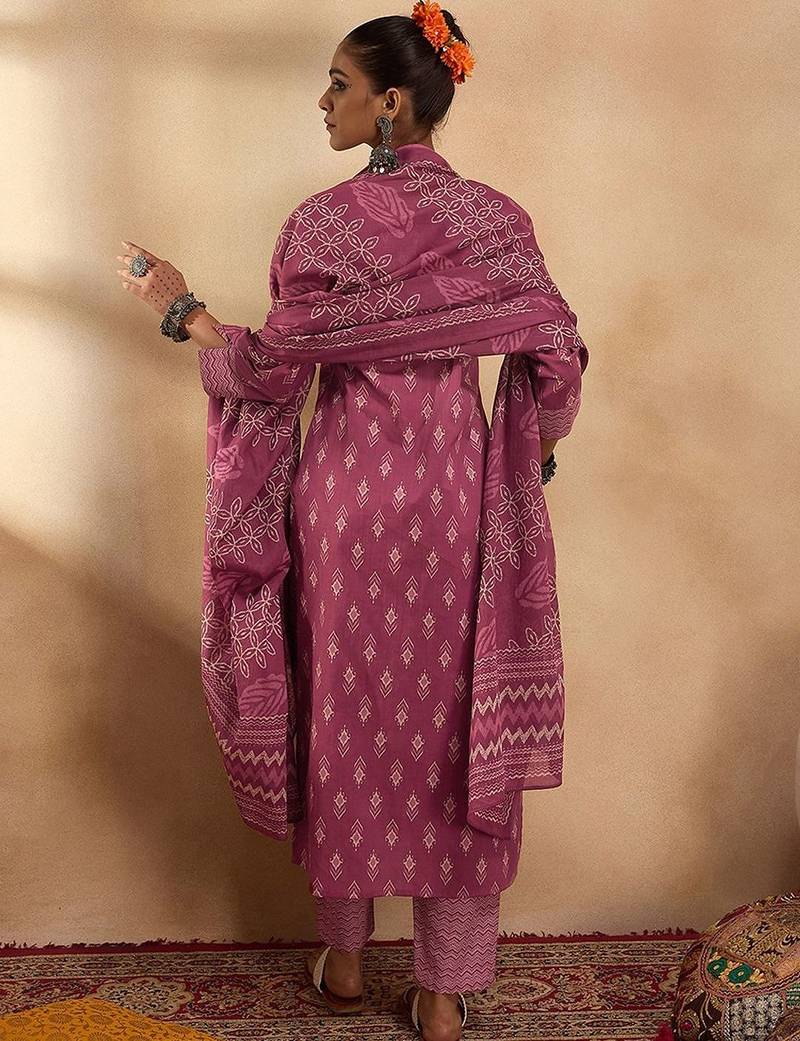 Ethnic Motifs Printed Pure Cotton Straight Kurta with Trousers & Dupatta