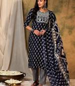Ethnic Motifs Printed Thread Work Kurta With Trousers & Dupatta