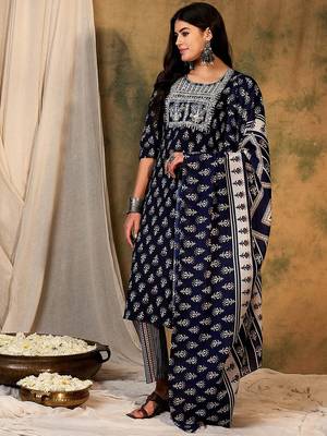 Ethnic Motifs Printed Thread Work Kurta With Trousers & Dupatta 4
