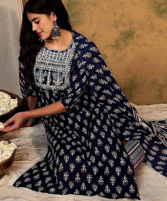 Ethnic Motifs Printed Thread Work Kurta With Trousers & Dupatta 7
