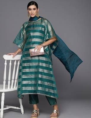 Women Woven Design Kaftan Kurta with Trousers & With Dupatta 1