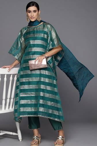 Women Woven Design Kaftan Kurta with Trousers & With Dupatta