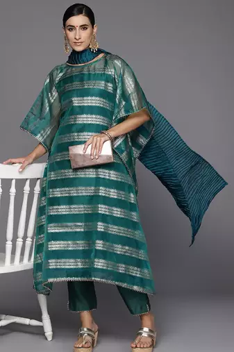 Women Woven Design Kaftan Kurta with Trousers & With Dupatta