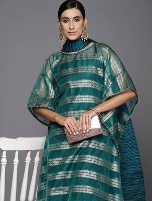 Women Woven Design Kaftan Kurta with Trousers & With Dupatta 6