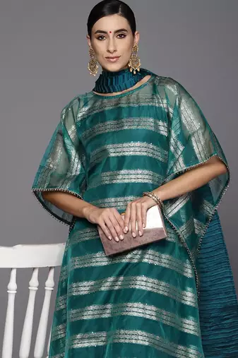 Women Woven Design Kaftan Kurta with Trousers & With Dupatta
