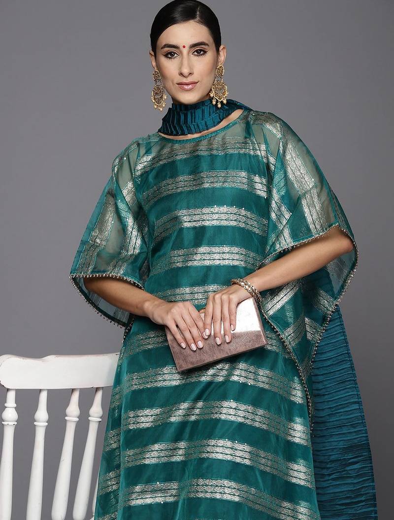 Women Woven Design Kaftan Kurta with Trousers & With Dupatta