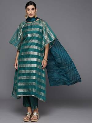 Women Woven Design Kaftan Kurta with Trousers & With Dupatta 7