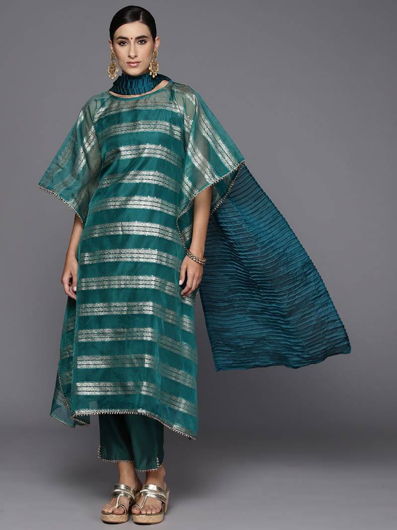 Women Woven Design Kaftan Kurta with Trousers & With Dupatta