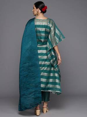 Women Woven Design Kaftan Kurta with Trousers & With Dupatta 9