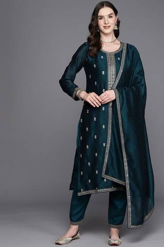 Floral Embroidered Regular Sequinned Kurta with Trousers & Dupatta