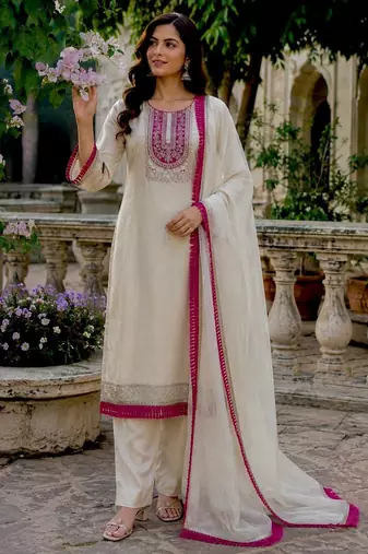OFF-white color fancy embroidery cording dori sequin work with latkan lace border organza kurti set