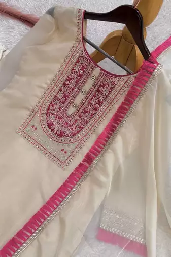 OFF-white color fancy embroidery cording dori sequin work with latkan lace border organza kurti set