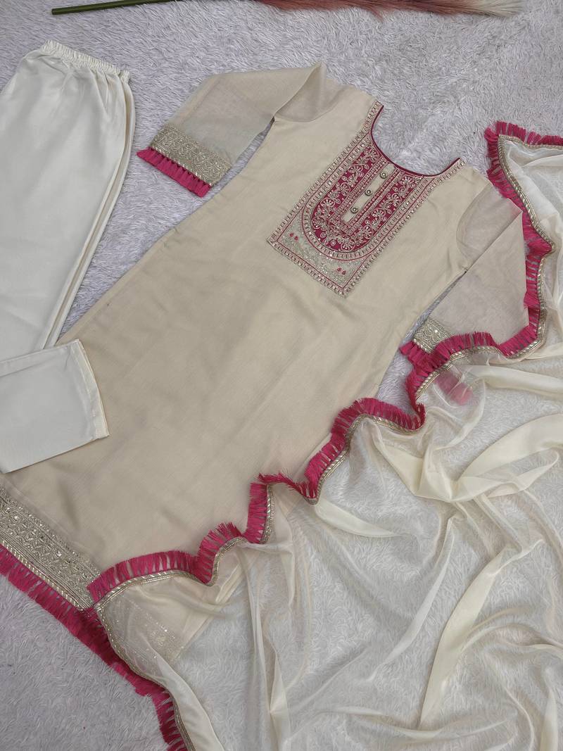 OFF-white color fancy embroidery cording dori sequin work with latkan lace border organza kurti set