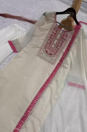 OFF-white color fancy embroidery cording dori sequin work with latkan lace border organza kurti set