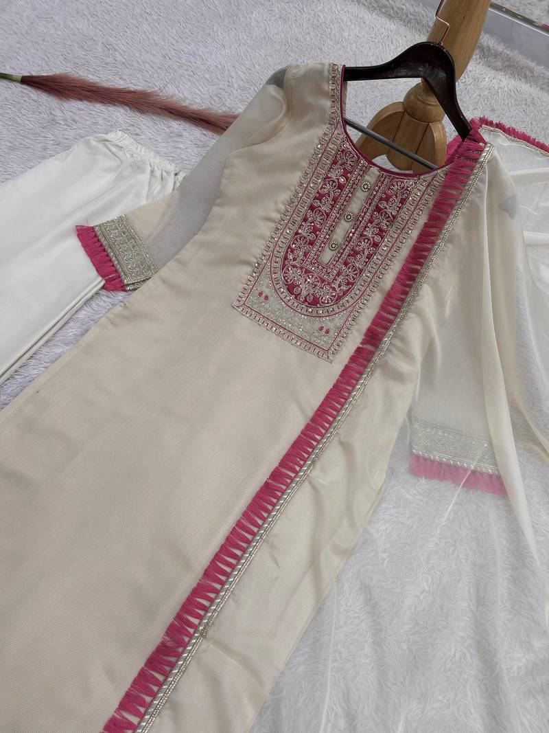 OFF-white color fancy embroidery cording dori sequin work with latkan lace border organza kurti set