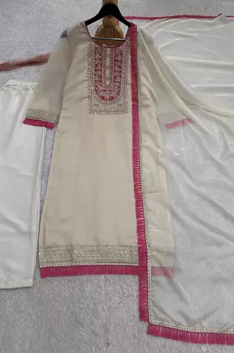OFF-white color fancy embroidery cording dori sequin work with latkan lace border organza kurti set