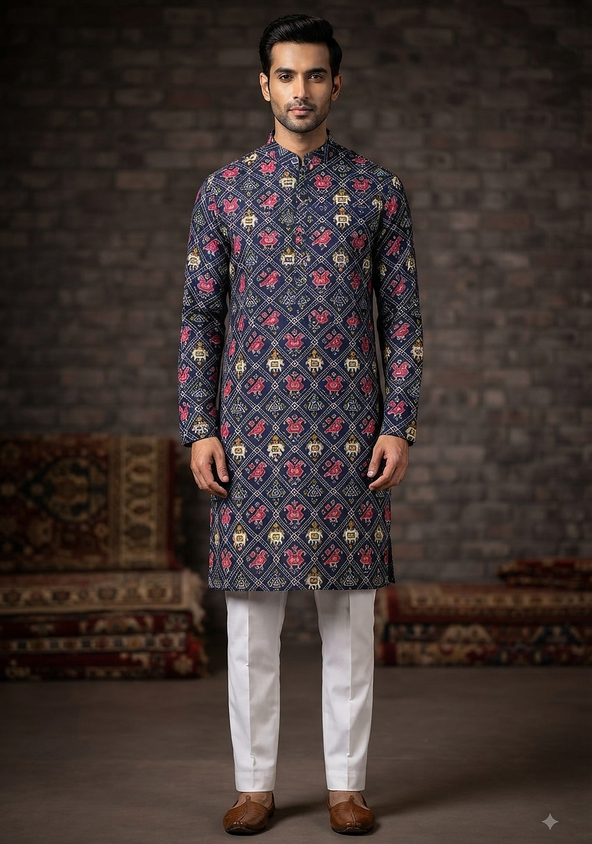 Blue Printed Poly Rayon Kurta Pajama For Men