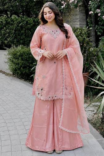 peach color embroidery work with stone handwork and cutwork kurti palazzo set
