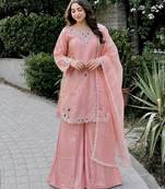 peach color embroidery work with stone handwork and cutwork kurti palazzo set