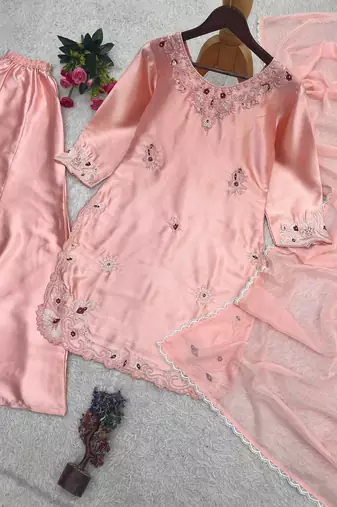 peach color embroidery work with stone handwork and cutwork kurti palazzo set