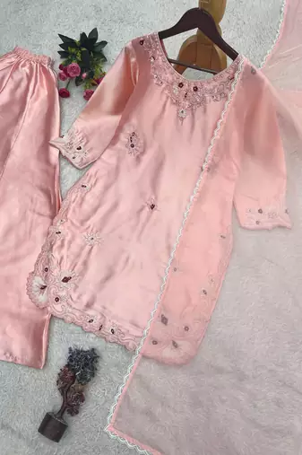 peach color embroidery work with stone handwork and cutwork kurti palazzo set