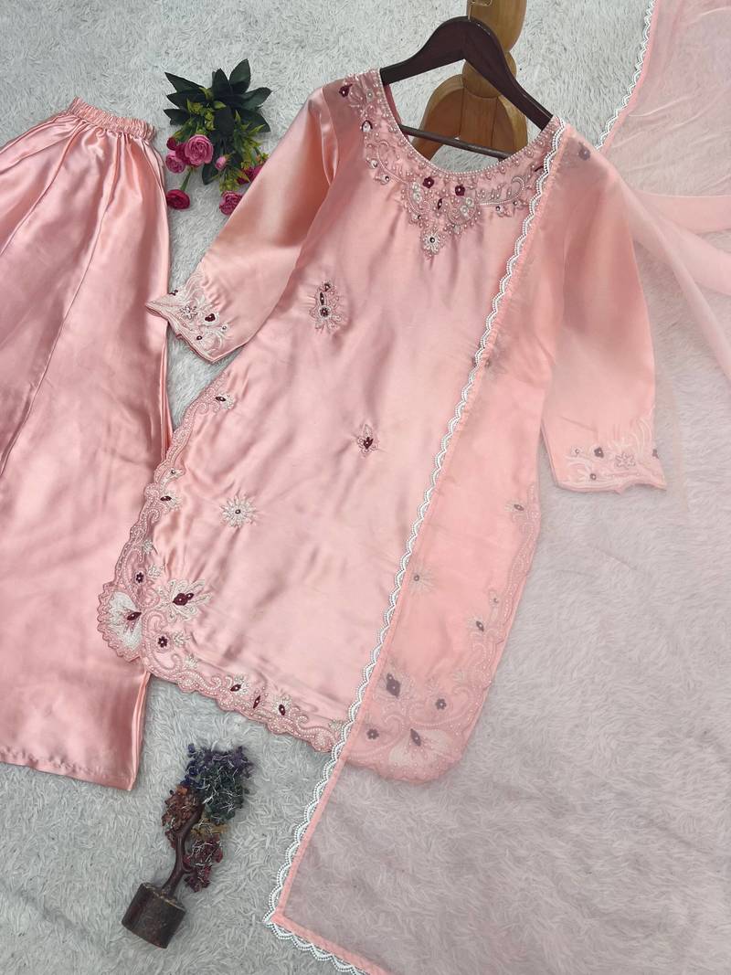 peach color embroidery work with stone handwork and cutwork kurti palazzo set