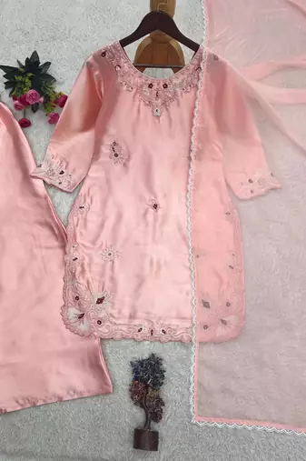 peach color embroidery work with stone handwork and cutwork kurti palazzo set