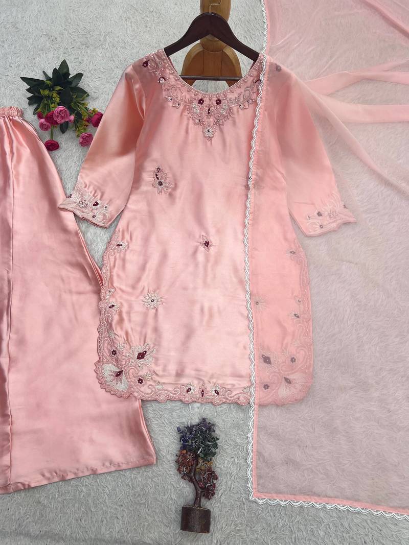 peach color embroidery work with stone handwork and cutwork kurti palazzo set