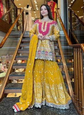 yellow embroidery georgette full stitched sharara plazo 1