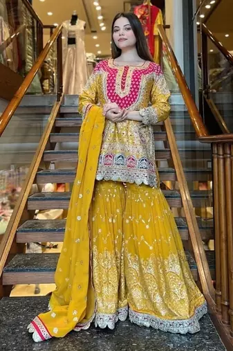 yellow embroidery georgette full stitched sharara plazo