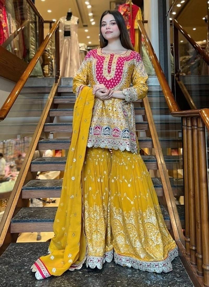 yellow embroidery georgette full stitched sharara plazo