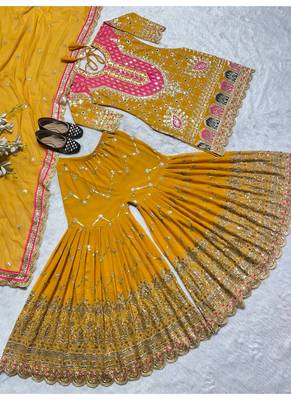yellow embroidery georgette full stitched sharara plazo 2