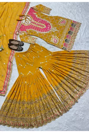 yellow embroidery georgette full stitched sharara plazo