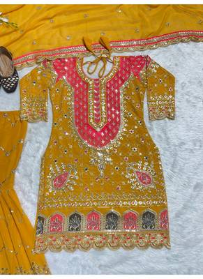 yellow embroidery georgette full stitched sharara plazo 3