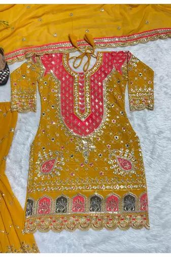 yellow embroidery georgette full stitched sharara plazo
