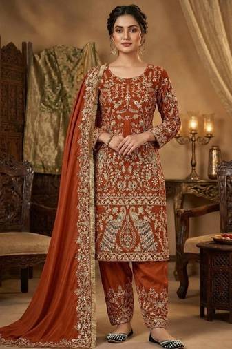 red embroidery crep full stitched farshi salwar