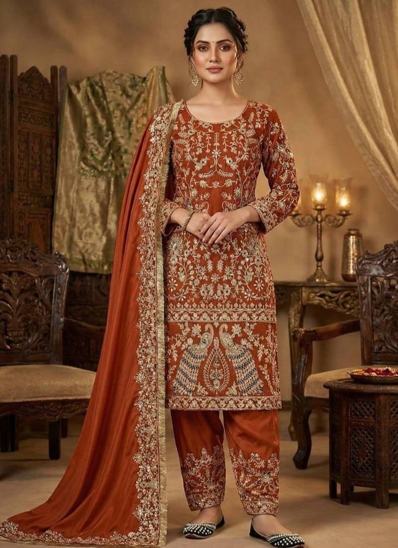 red embroidery crep full stitched farshi salwar