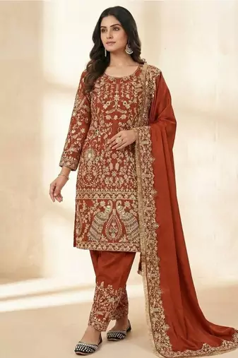 red embroidery crep full stitched farshi salwar