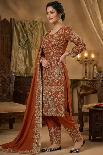 red embroidery crep full stitched farshi salwar