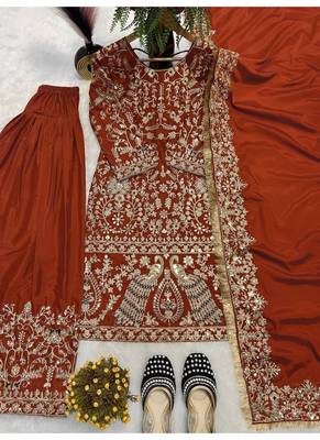 red embroidery crep full stitched farshi salwar 4