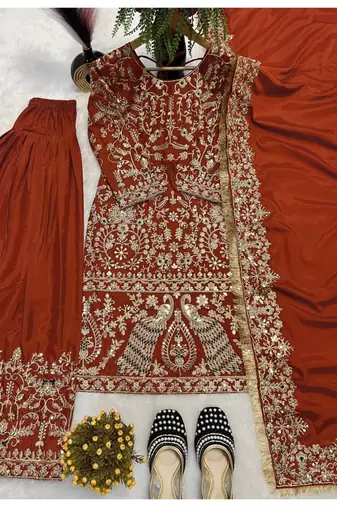 red embroidery crep full stitched farshi salwar