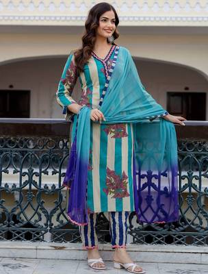 Women Printed Regular Pure Cotton Kurta with Trousers & With Dupatta 1