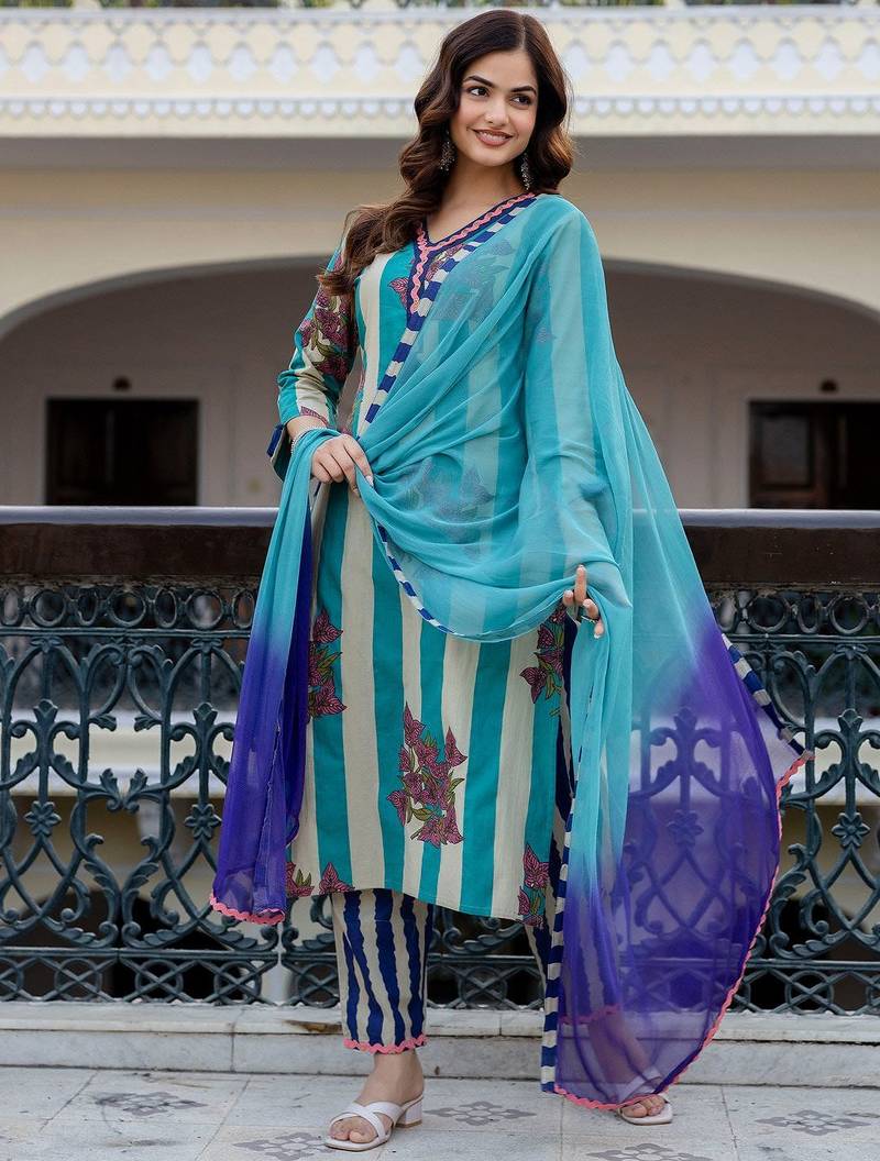 Women Printed Regular Pure Cotton Kurta with Trousers & With Dupatta