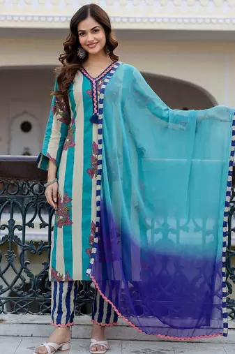 Women Printed Regular Pure Cotton Kurta with Trousers & With Dupatta
