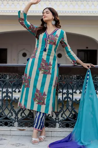 Women Printed Regular Pure Cotton Kurta with Trousers & With Dupatta