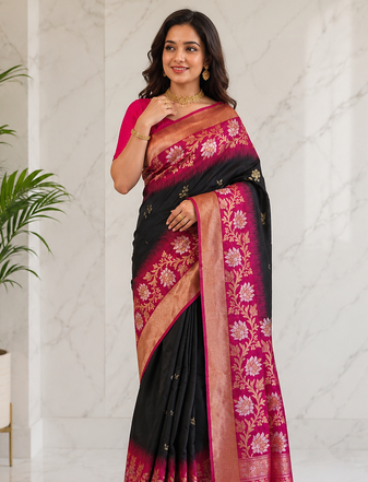 black color zari weaves contrast pallu and designer chaap border dual tone silk blend saree