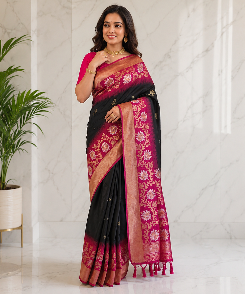black color zari weaves contrast pallu and designer chaap border dual tone silk blend saree