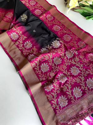 black color zari weaves contrast pallu and designer chaap border dual tone silk blend saree 3