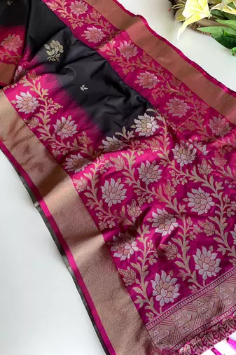 black color zari weaves contrast pallu and designer chaap border dual tone silk blend saree
